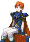  1boy armor artist_name belt blue_cape blue_eyes blue_gloves blue_headband cape cuirass fingerless_gloves fire_emblem fire_emblem:_the_binding_blade gloves headband looking_at_viewer noki_(affabile) pants red_cape red_hair roy_(fire_emblem) short_hair shoulder_armor simple_background sitting solo two-sided_cape two-sided_fabric white_background white_pants 