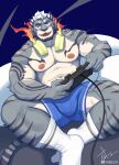  1boy abs absurdres animal_ears bara beard blue_shorts controller facial_hair fiery_headphones grey_fur handheld_game_console highres joystick large_bulge large_pectorals male_focus mature_male muscular muscular_male nipples original pectorals playing_games short_hair shorts sitting smile socks solo stomach thick_eyebrows thick_thighs thighs tiger_boy tiger_ears topless_male weibo_logo weibo_username weisun_(leoooliooon) white_socks zixiong_zix_(character) 