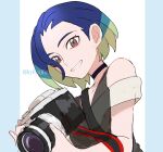  1girl blue_hair brown_eyes camera commentary_request eyelashes green_hair grey_vest grin holding holding_camera kizami_(hetaisi) looking_down multicolored_hair off-shoulder_shirt off_shoulder perrin_(pokemon) pokemon pokemon_(game) pokemon_sv shirt short_hair smile solo teeth upper_body vest white_background white_shirt 