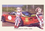  2girls :o achilles_(azur_lane) azur_lane black_bra blonde_hair blue_eyes blue_shirt blush bra car character_name commission covered_navel cropped_shirt cup finger_gun fingerless_gloves ford ford_mustang gloves head_tilt high_heels highres holding holding_cup jumpsuit jumpsuit_around_waist leander_(azur_lane) leotard long_hair looking_at_viewer motor_vehicle multiple_girls one_eye_closed ponytail race_vehicle racecar red_footwear red_leotard shirt shoes skeb_commission smile sneakers spoiler_(automobile) surprised thigh_strap thighhighs thrux underwear vehicle_focus vehicle_name white_gloves white_thighhighs 