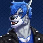  1:1 acidwuff anthro black_clothing black_jacket black_topwear blue_hair blue_markings bust_portrait canid clothed clothing facial_markings fangs front_view fur glistening glistening_eyes grey_body grey_fur hair head_markings hi_res inner_ear_fluff jacket looking_aside male mammal markings messy_hair open_mouth orange_eyes portrait pupils red_tongue simple_background slit_pupils solo teeth tongue topwear tuft white_body white_fur white_inner_ear_fluff 