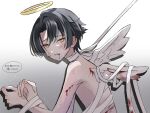  1boy 2023 absurdres angel angel_wings black_hair blood blood_on_arm blood_on_face bloody_wings crying crying_with_eyes_open feathered_wings grey_background grey_hair halo highres itsuki_(paradox_live) male_focus miya_(38magical) multicolored_hair paradox_live short_hair solo tears teeth translation_request white_wings wings 