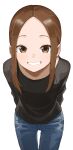  1girl absurdres bent_over black_shirt blue_pants blush brown_eyes brown_hair clenched_teeth commentary_request denim forehead highres jeans karakai_jouzu_no_(moto)_takagi-san karakai_jouzu_no_takagi-san long_hair long_sleeves looking_at_viewer pants shirt sidelocks simple_background smile solo standing takagi-san teeth white_background yamamoto_souichirou 