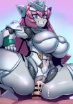  1boy 1girl absurdres android blue_eyes bondage_outfit boots breasts colored_skin cum cum_in_pussy dominatrix girl_on_top grey_skin headgear highres huge_breasts joints long_hair mecha_musume metal_skin navel penis pink_hair pussy revealing_clothes robot robot_joints robot_neoanthropinae_polynian roza_(polynian) sex shiny_skin skindentation solo_focus spread_legs teeth thigh_boots tukiwani 