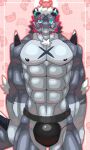  abs anthro arthropod blue_eyes bulge clothing crab crustacean decapoda dragon giansar grey_body hair hi_res horn lifewonders live_a_hero malacostracan male marine muscular muscular_anthro muscular_male omame_wakuwaku pecs solo speedo swimwear white_hair 