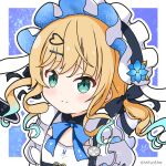  1girl black_hairband blonde_hair blue_bow blue_flower blue_hair bow cleavage_cutout closed_mouth clothing_cutout collared_shirt commentary_request flower gochuumon_wa_usagi_desu_ka? gradient_hair green_eyes hair_ornament hairband hairclip heart heart_hair_ornament kirima_syaro long_hair looking_at_viewer mitya multicolored_hair outline puffy_short_sleeves puffy_sleeves shirt short_sleeves smile solo twintails twitter_username upper_body white_outline white_shirt 