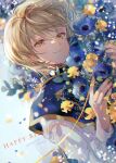  1boy blonde_hair blue_flower bouquet flower happy_birthday highres holding holding_bouquet hunter_x_hunter kiguchi_(aprico) kurapika light_blush light_smile long_sleeves plant ribbon short_hair solo tabard white_background yellow_eyes yellow_flower yellow_ribbon 