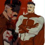  1boy absurdres black_hair blood blood_on_clothes blood_on_face bodysuit cape crossed_arms crystallakec facial_hair gloves highres invincible_(series) male_focus multicolored_hair muscular muscular_male mustache nolan_grayson omni-man red_bodysuit red_cape red_eyes red_gloves short_hair twitter_username two-tone_bodysuit two-tone_hair white_bodysuit white_hair 