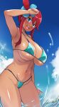 1girl absurdres arm_at_side arm_up armpits bikini blue_eyes blue_sky blush breasts cloud collarbone covered_nipples cowboy_shot day groin hair_between_eyes hair_ornament highres huge_breasts looking_at_viewer maki_ikazuya micro_bikini navel one_side_up open_mouth outdoors pokemon pokemon_(game) pokemon_bw red_hair shiny_skin short_hair_with_long_locks sky skyla_(pokemon) smile solo splashing standing stomach swimsuit tan underboob wading water 
