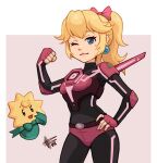  armor black_leotard blonde_hair blue_eyes earrings fingerless_gloves flexing gloves hair_ribbon hand_on_own_hip jewelry leotard mario_(series) mascot mateus_upd mecha_musume one_eye_closed open_mouth ponytail princess_peach princess_peach:_showtime! ribbon simple_background stella_(peach) 