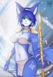  absurd_res anthro blue_arms blue_body blue_ears blue_fingers blue_fur blue_hair blue_hands bottomwear breasts canid canine clothed clothing female fox fur green_eyes hair hi_res krystal krystal&#039;s_staff loincloth mammal midriff navel nintendo skyversa solo star_fox 