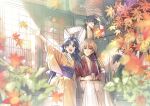  1girl 3boys architecture arm_up autumn black_hair blue_eyes blue_hair blue_ribbon blurry blurry_foreground building collarbone commentary_request cross_scar cup east_asian_architecture green_kimono hair_between_eyes hair_ribbon hakama hakama_pants headband high_ponytail highres himura_kenshin holding holding_cup japanese_clothes kamiya_kaoru katana kimono leaf light_particles long_hair long_sleeves looking_at_viewer looking_up low_ponytail maple_leaf multiple_boys myoujin_yahiko natsu_mikan_(level9) obi open_clothes open_mouth open_shirt orange_hair outstretched_arm outstretched_hand pants parted_bangs parted_lips pectorals plant purple_eyes red_headband red_kimono ribbon rurouni_kenshin sagara_sanosuke sash scar scar_on_cheek scar_on_face sheath sheathed short_hair sidelocks sitting smile spiked_hair sword weapon white_hakama wide_sleeves yellow_kimono 