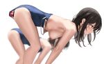  2girls bar_censor bare_legs bent_over blue_one-piece_swimsuit blurry blurry_background breasts brown_eyes brown_hair censored clothes_pull eto_(ikumika) highres long_hair medium_breasts multiple_girls nipples object_insertion one-piece_swimsuit one-piece_swimsuit_pull profile school_swimsuit sex_toy shiny_skin solo_focus straight_hair swimsuit vaginal vaginal_object_insertion white_background 
