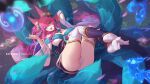  1girl ahri_(league_of_legends) animal_ears aqua_eyes ass breasts detached_sleeves dress energy_ball facial_mark feet flower fox_ears fox_girl fox_tail gold_trim hair_between_eyes hitodama knees_up kumiho large_breasts league_of_legends legs lily_pad lying mitsu_(mitsu_art) multiple_tails nail_polish no_shoes off_shoulder on_back panties partially_visible_vulva pink_hair soles solo spread_toes tabi tail thighhighs thighs toes underwear water whisker_markings white_dress white_panties white_thighhighs wide_sleeves 