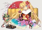  1girl absurdres arm_at_side blonde_hair blue_eyes commentary_request cup floral_print flower full_body fur-trimmed_kimono fur_trim geta hair_flower hair_ornament hand_up head_tilt heterochromia highres holding holding_cup japanese_clothes kadomatsu kagami_mochi kanzashi kimono long_hair nakatsu_shizuru new_year parted_lips red_flower rewrite sakazuki second-party_source sitting straight-on tabi toujou_sakana twintails very_long_hair yellow_eyes yukata 