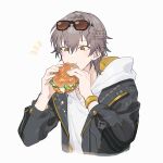  1boy :t black_jacket black_sleeves bracelet burger caelus_(honkai:_star_rail) caelus_(world_tour_2023)_(honkai:_star_rail) closed_mouth commentary eating eyewear_on_head food glasses grey_hair hair_between_eyes holding holding_food honkai:_star_rail honkai_(series) jacket jewelry looking_at_food male_focus open_clothes open_jacket rowya shirt short_hair signature simple_background solo symbol-only_commentary trailblazer_(honkai:_star_rail) upper_body white_background white_shirt yellow_eyes 