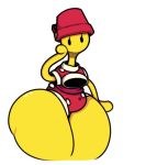  anthro big_butt butt clothing dewy-eyedboy female generation_2_pokemon hat headgear headwear huge_butt huge_thighs hyper hyper_butt hyper_thighs mouthless nintendo pokemon pokemon_(species) shuckle simple_background simple_eyes solo standing thick_thighs wide_hips yellow_body 