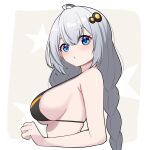  1girl absurdres ahoge bare_shoulders bikini black_bikini blue_eyes braid breasts cropped_torso from_side grey_hair hair_between_eyes hair_ornament highres kizuna_akari large_breasts light_blush long_hair looking_at_viewer nise_no_tsubo puckered_lips sideboob simple_background skindentation solo starry_background strap_gap swimsuit twin_braids underboob upper_body very_long_hair voiceroid 