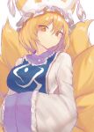  1girl animal_ears blonde_hair blue_tabard breasts commentary_request eyes_visible_through_hair fox_ears fox_tail frills hands_in_opposite_sleeves hat highres large_breasts long_sleeves mob_cap multiple_tails orchid_(pixiv3730518) short_hair simple_background solo tabard tail touhou upper_body white_background white_headwear wide_sleeves yakumo_ran yellow_eyes 