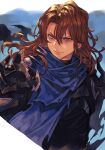  1boy :| armor black_armor blue_scarf brown_eyes brown_hair closed_mouth granblue_fantasy granblue_fantasy_versus hungry_clicker long_hair looking_afar male_focus scarf siegfried_(granblue_fantasy) solo upper_body v-shaped_eyebrows 