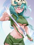  1girl absurdres aqua_hair arrancar bleach breasts brown_eyes closed_mouth facial_mark highres holding holding_sword holding_weapon hollow_(bleach) ivana_anemon katana large_breasts long_hair looking_at_viewer mixed-language_commentary navel nelliel_tu_odelschwanck serious simple_background skull_on_head solo sword torn_clothes underboob weapon 