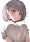  1girl absurdres blush breasts green_eyes grey_hair hashira_14 highres hololive large_breasts looking_at_viewer shirogane_noel shirt short_hair short_sleeves solo virtual_youtuber white_shirt 