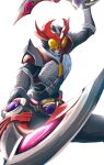  1boy alternate_costume armor commentary driver_(kamen_rider) dual_wielding highres holding holding_sword holding_weapon horns kamen_rider kamen_rider_agito kamen_rider_agito_(series) kamen_rider_agito_(shining_form) kintsuba_(kintsuba_08) male_focus official_alternate_costume rider_belt simple_background sword thighs tokusatsu weapon white_background yellow_eyes 