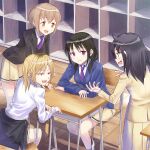  4girls :d bags_under_eyes black_hair black_sweater blonde_hair brown_eyes brown_hair cardigan chair clothes_around_waist desk highres jacket kuroki_tomoko long_hair looking_at_another low_twintails lower_teeth_only multiple_girls okiru pleated_skirt purple_cardigan purple_eyes school_chair school_desk school_uniform short_hair sitting skirt smile standing sweater sweater_around_waist tamura_yuri tanaka_mako teeth twintails upper_teeth_only watashi_ga_motenai_no_wa_dou_kangaetemo_omaera_ga_warui! yellow_jacket yellow_skirt yoshida_masaki 