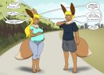  after_transformation anthro awkward barefoot blonde_hair breasts brown_body brown_fur city cityscape clothed clothing duo eevee eeveelution english_text feet female fur gender_transformation generation_1_pokemon hair halcy0n hand_on_stomach hi_res male mane nintendo outside park pokemon pokemon_(species) pregnant pregnant_anthro pregnant_female speech_bubble text transformation 