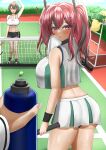  2girls :o absurdres ahoge arm_tattoo arm_up ass azur_lane ball baltimore_(azur_lane) baltimore_(black_ace)_(azur_lane) bare_shoulders black_bra black_panties black_shorts black_socks blue_sky blush bottle bra braid breasts bremerton_(azur_lane) bremerton_(scorching-hot_training)_(azur_lane) brown_hair chest_tattoo choker cleavage cloud collarbone colored_skin commander_(azur_lane) commentary_request cowboy_shot crop_top crop_top_overhang day drying drying_body flower_tattoo french_braid full_body green_skin grey_hair hair_between_eyes hair_intakes hair_ornament highres holding holding_bottle holding_racket holding_towel jacket large_breasts long_hair long_sleeves looking_at_viewer manjuu_(azur_lane) midriff mole mole_under_eye multicolored_hair multiple_girls navel notice_lines official_alternate_costume open_mouth osasa_(osasabeaf) outdoors panties pantyshot pink_eyes pink_hair pov pov_hands racket scoreboard see-through see-through_shirt shadow shirt shoes short_hair short_shorts shorts sidelocks skirt sky sleeveless sleeveless_shirt sneakers socks sports_bra sportswear standing stomach_tattoo streaked_hair sweat tattoo tennis tennis_ball tennis_court tennis_net tennis_racket tennis_uniform towel twintails two-tone_hair two-tone_shirt two-tone_skirt underwear water_bottle white_footwear white_jacket white_shirt white_skirt white_sports_bra x_hair_ornament yellow_eyes 