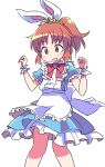  1girl abe_nana alice_(alice_in_wonderland) alice_(alice_in_wonderland)_(cosplay) alice_in_wonderland animal_ears apron brown_eyes brown_hair cosplay cowboy_shot dress fake_animal_ears highres idolmaster idolmaster_cinderella_girls open_mouth ponytail rabbit_ears roku_no_hito short_sleeves simple_background solo sweat white_apron white_background wrist_cuffs 