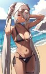  arms_up bare_shoulders beach bikini black_bikini black_choker black_gloves blue_archive blue_sky breasts choker closed_mouth cloud collarbone cowboy_shot dark-skinned_female dark_skin day eyewear_on_head gloves grey_hair hair_over_one_eye halo highres iori_(blue_archive) iori_(swimsuit)_(blue_archive) long_hair looking_at_viewer multi-strapped_bikini munemori_(rknd2585) navel ocean outdoors side-tie_bikini_bottom sky solo standing stomach string_bikini sunglasses swimsuit thigh_strap thighs very_long_hair water wet 