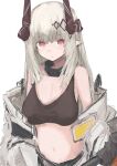  1girl arknights bare_shoulders black_sports_bra breasts cleavage closed_mouth commentary furrowed_brow highres horns infection_monitor_(arknights) long_hair looking_ahead looking_at_viewer midriff mudrock_(arknights) mudrock_(elite_ii)_(arknights) navel off_shoulder piennamekuzi pointy_ears red_eyes simple_background sketch solo sports_bra straight-on upper_body white_background white_hair 