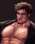  1boy abs alternate_costume bara bare_pectorals beard boku_no_hero_academia chest_hair collared_shirt earrings endeavor_(boku_no_hero_academia) facial_hair jewelry large_pectorals long_sideburns male_focus mature_male muscular muscular_male nipples open_clothes open_shirt parted_lips pectorals red_hair scar scar_across_eye serpentin_art shirt short_hair sideburns solo spiked_hair stubble unfinished upper_body 