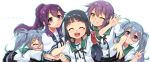  5girls black_hair blue_hair closed_eyes ensemble_girls! facing_viewer futaba_minazuki futaba_mizuki hisayoshi_(hisa) kimisaki_school_uniform light_blue_hair long_hair looking_at_viewer multiple_girls ponytail purple_eyes purple_hair school_uniform short_hair siblings sisters tsurumi_himari twins twintails v white_background yellow_eyes yomo_mitsuru yuuki_tomoko 