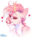  anthro aroused bodily_fluids cum cum_on_face equid equine fluffy fluffy_chest genital_fluids hair hi_res horn licking licking_lips male mammal meowcephei oxe pink_eyes pink_hair portrait solo tongue tongue_out unicorn unicorn_horn 