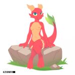  2023 anthro atzi azoomer breasts countershade_chest countershade_torso countershading female green_eyes hi_res horn kobold legband_(marking) navel nipples nude red_body rock sitting solo tail tail_tuft tuft 