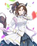  1girl absurdres animal_ears black_skirt blurry blurry_foreground brown_hair confetti ear_covers gloves gmmrn hairband hand_on_own_hip hand_up highres horse_ears horse_girl horse_tail impossible_clothes jacket king_halo_(noble_white_cheer_attire)_(umamusume) king_halo_(umamusume) long_sleeves looking_at_viewer one_eye_closed open_mouth ponytail red_eyes short_hair side_ponytail simple_background skirt smile solo tail umamusume upper_body white_background white_gloves white_jacket 