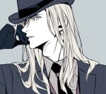  1boy adam&#039;s_apple aqua_background black_coat black_gloves black_headwear black_necktie black_pants blonde_hair blue_eyes brown_vest camus_(uta_no_prince-sama) coat collared_shirt facing_to_the_side fedora gloves grey_shirt hand_to_own_mouth hat head_rest lapels long_hair long_sleeves looking_at_viewer luonnem male_focus necktie notched_lapels official_alternate_costume pants parted_lips profile shirt sideways_glance simple_background solo upper_body uta_no_prince-sama uta_no_prince-sama:_shining_live vest 