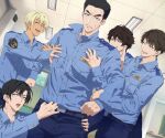  5boys amuro_tooru date_wataru dutch_angle feet_out_of_frame finger_under_clothes from_below grabbing grabbing_another&#039;s_arm grabbing_from_behind highres indoors jitome kazami_yuuya laughing light_frown male_focus matsuda_jinpei meitantei_conan multiple_boys one_eye_closed open_mouth pectoral_grab police police_uniform policeman scotch_(meitantei_conan) seductive_smile short_hair sideburns smile thick_eyebrows uniform washiko_(rasuko) 