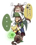  ... 1boy 1girl agnes_tachyon_(umamusume) animal_ears black_eyes blue_overalls brown_hair carrying commentary crossover drooling facial_hair gloves goomba green_headwear green_shirt holding horse_ears horse_girl horse_tail lab_coat long_sleeves luigi mario_(series) mustache open_mouth overalls piggyback shirt short_hair simple_background sleeves_past_fingers sleeves_past_wrists solid_circle_eyes spoken_ellipsis sweatdrop tail thought_bubble toriken_(zzra4732) translation_request umamusume white_background white_gloves 