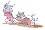  2girls absurdres air_groove_(umamusume) animal_ears bound bow brown_hair buruma ear_bow ear_covers green_eyes gym_uniform hairband highres hime_cut horse_ears horse_girl horse_tail jacket multiple_girls orange_hair pulling red_buruma red_jacket red_track_suit short_hair silence_suzuka_(umamusume) simple_background tail takatsuki_nato tied_up_(nonsexual) tracen_training_uniform umamusume white_background white_hairband yellow_bow 