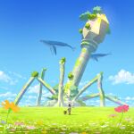  blue_flower blue_sky brown_footwear brown_pants cloud commentary day facing_away flower flying_whale from_behind grass highres katou_oswaldo looking_at_object orange_flower original outdoors pants pink_flower purple_flower scenery sky virus whale 