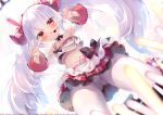  1girl azur_lane bare_shoulders blush collarbone commentary_request detached_sleeves double_v dutch_angle from_below glowstick hair_between_eyes hands_up headset laffey_(azur_lane) laffey_(bunny_idol_@unmotivated)_(azur_lane) long_hair long_sleeves looking_at_viewer looking_down navel official_alternate_costume panties panties_under_pantyhose pantyhose plaid plaid_skirt pleated_skirt red_eyes red_skirt sazaki_ichiri skirt solo standing thighband_pantyhose twintails underwear v very_long_hair white_hair white_pantyhose white_sleeves 