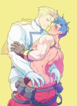  2boys absurdres ass bara black_gloves blonde_hair blue_hair blush clenched_teeth closed_eyes closed_mouth clothes_pull evinist galo_thymos gloves groping hand_on_another&#039;s_ass highres jacket kray_foresight large_pectorals looking_at_another male_focus multiple_boys muscular muscular_male nipple_piercing pants pants_pull pectorals piercing promare red_pants short_hair simple_background single_sleeve smile teeth topless_male white_gloves white_jacket white_pants yaoi yellow_background 