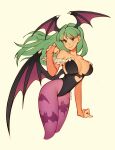  1girl animal_print bare_shoulders bat_print bat_wings breasts bridal_gauntlets cleavage closed_mouth clothing_cutout cropped_legs demon_girl elbow_gloves english_commentary gloves green_eyes green_hair head_wings highres large_breasts leotard long_hair looking_at_viewer morrigan_aensland oxcoxa pantyhose print_legwear smile solo vampire_(game) wings 