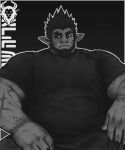  1boy absurdres arms_at_sides bara beard belly black_sclera black_theme brusi_(iixblacklionxii) colored_sclera demon_boy facial_hair feet_out_of_frame fingernails highres iixblacklionxii large_hands large_pectorals looking_to_the_side male_focus mature_male muscular muscular_male original pectorals pointy_ears scar scar_on_arm sharp_fingernails shirt short_hair sitting solo strongman_waist t-shirt thick_eyebrows 