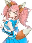  1girl anchor_hair_ornament animal_ears atlanta_(kancolle) blue_skirt boushi-ya brown_hair cheerleader double_fox_shadow_puppet earrings fake_animal_ears fake_tail fox_ears fox_shadow_puppet fox_tail grey_eyes hair_ornament hokkaido_nippon-ham_fighters jewelry kantai_collection long_hair open_mouth pleated_skirt simple_background single_earring skirt solo star_(symbol) star_earrings tail two_side_up white_background 