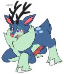  2023 alternate_color animal_genitalia animal_penis antlers artist_name back_markings blue_body blue_fur blush blush_lines deer equine_genitalia equine_penis erection eye_markings eyebrows facial_markings feral flat_colors fur generation_5_pokemon genitals green_body green_fur head_markings hi_res hooves horn kneeling lavender_eyes leg_tuft male mammal markings medial_ring neck_tuft nintendo nulloffset on_one_knee penis pink_body pink_nose pokemon pokemon_(species) quadruped sawsbuck scut_tail short_tail simple_background solo spots spotted_body spotted_fur tail tail_tuft tuft white_background 