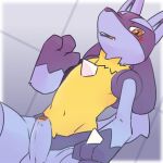  1:1 anthro balls blue_body blush foreskin generation_4_pokemon genitals hi_res humanoid_genitalia humanoid_penis looking_at_viewer lucario male nintendo open_mouth penis pokemon pokemon_(species) pu_sukebe red_eyes solo yellow_body 